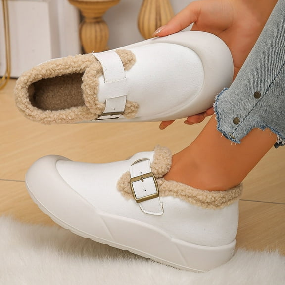 Xucatan Women Winter Flat Casual Shoes Solid Suede Slip on Walking Shoes Chunky Block Low Heels Round Toe Plush Lining Trendy Dressy Comfortable Non Slip Outdoor Daily Warm Snow Flats Gift