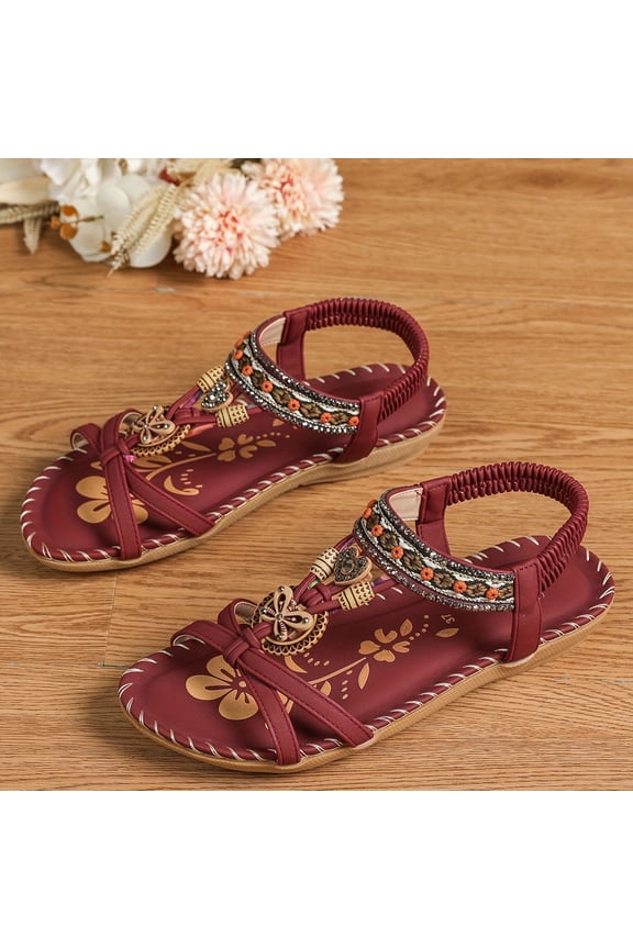 Women's Beaded Bohemian Sandals, Woven Strap Flat Slides with Rhinestone Pendant, Open Toe Ethnic Beach Shoes, Versatile Summer Footwear Gift