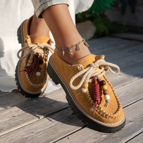 Xucatan Women's Bohemian Beaded Platform Sneakers, Faux Suede Thick Sole Floral Embroidered Up Shoes with Wooden Bead Accents, Ethnic Style Comfortable Low Tops, Versatile Spring Summer Gift