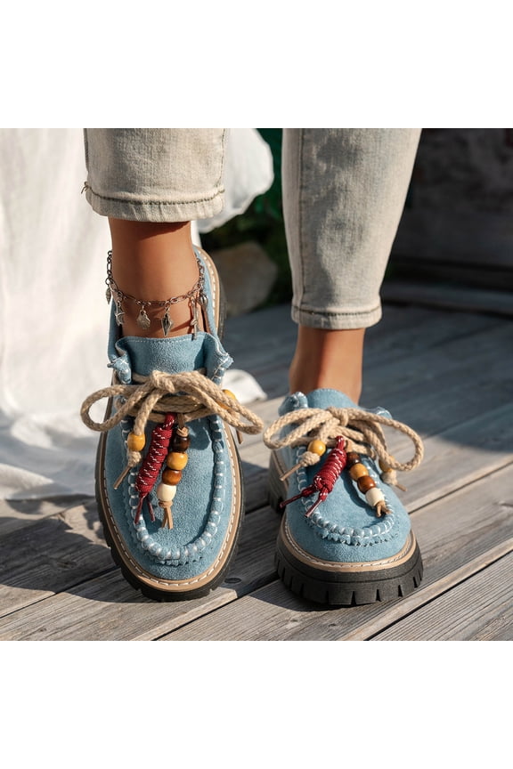 Women's Bohemian Beaded Platform Sneakers, Faux Suede Thick Sole Floral Embroidered Up Shoes with Wooden Bead Accents, Ethnic Style Comfortable Low Tops, Versatile Spring Summer Gift