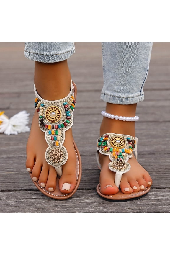 Women's Bohemian Beaded Sandals, Colorful Ethnic Pattern Flat Thong Shoes with Ankle Strap, Faux Leather Casual Summer Beach Footwear, Versatile Design for Spring Outdoor Gift
