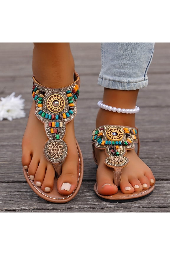 Women's Bohemian Beaded Sandals, Colorful Ethnic Pattern Flat Thong Shoes with Ankle Strap, Faux Leather Casual Summer Beach Footwear, Versatile Design for Spring Outdoor Gift
