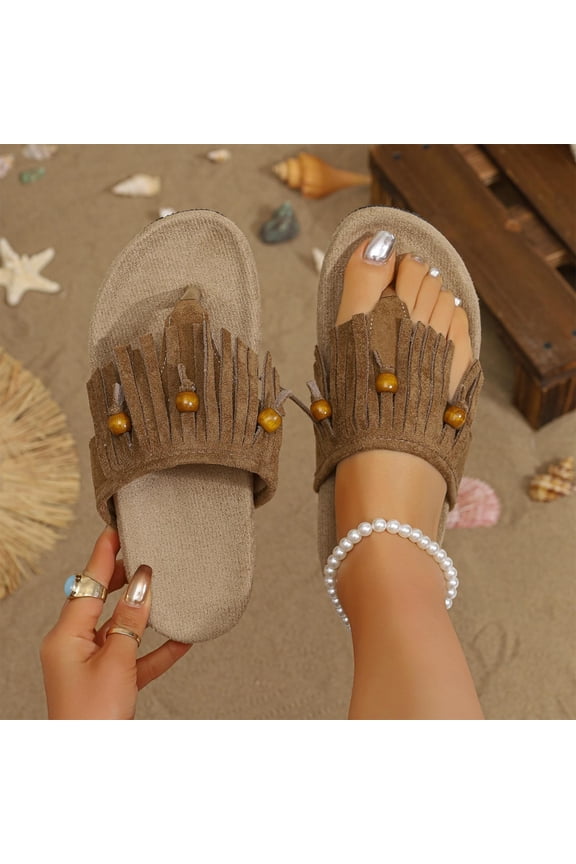 Women's Bohemian Flat Sandals, Fringe Tassel Toe Post Slides with Wooden Bead Accents, Cushioned Casual Footwear for Summer Beach Gift