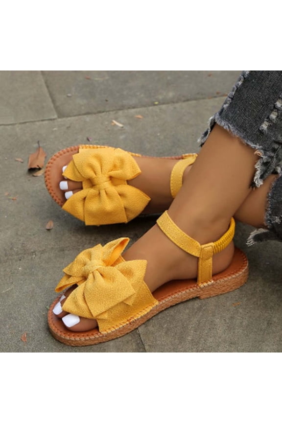 Women's Bow Flat Sandals, Round Toe Open Toe Elastic Back Slippers, Jute Espadrille Sole Summer Shoes, Versatile Beach Casual Footwear Gift