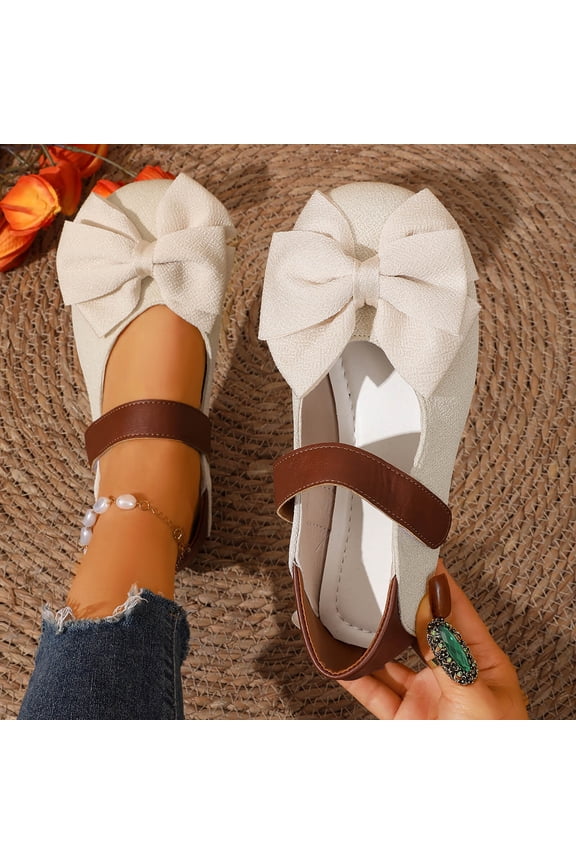 Women's Bow Loafers, Fabric Slip On Flat Shoes with Hook and Loop Strap, Round Toe Comfortable Casual Pumps, Versatile Two Tone Design for Spring Daily Gift