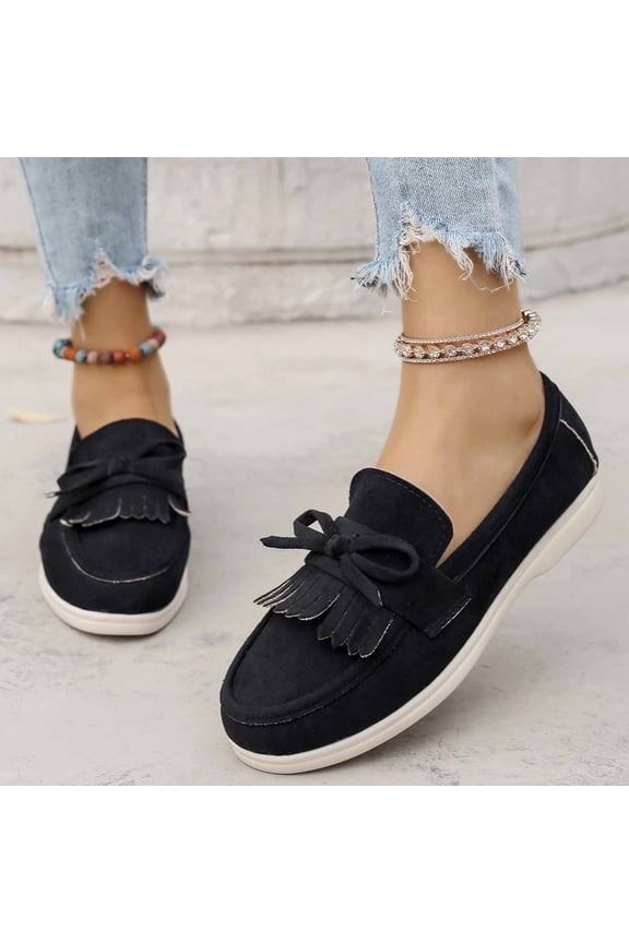 Women's Suede Bow Loafers, Round Toe Slip On Moccasins, Cushioned Comfortable Casual Flats for Spring Daily Office Gift