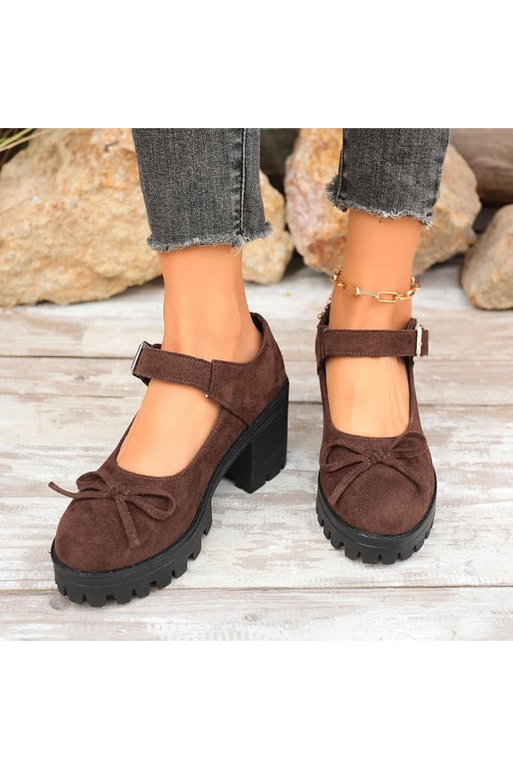 Women's Bow T Strap Block Heels, Suede Mary Jane Pumps with Round Toe, Chunky Heel Casual Dress Shoes, Versatile Plus Size Design for Spring Summer Daily Gift