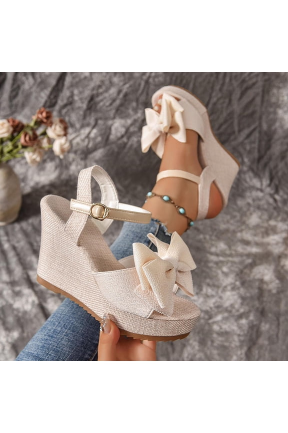 Women's Bow Wedge Sandals, Adjustable Ankle Strap Espadrille Footwear, Plus Size Feminine Summer Shoes Gift