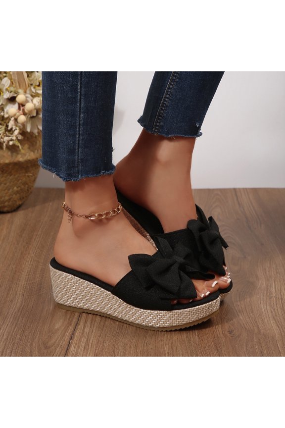 Women's Bow Wedge Slide Sandals, Oversized Knot Espadrille Slippers with Fabric Upper, Chunky Platform Open Toe Casual Summer Shoes, Versatile Design for Beach Outdoor Gift