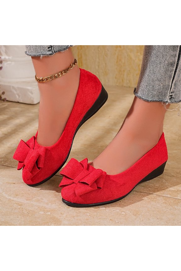 Women's Bowknot Wedge Heel Flats with Shallow Mouth, Soft Faux Leather Slip On Work Shoes with Cushioned Insole, Comfortable Casual Wedges for Spring Summer Walking Gift