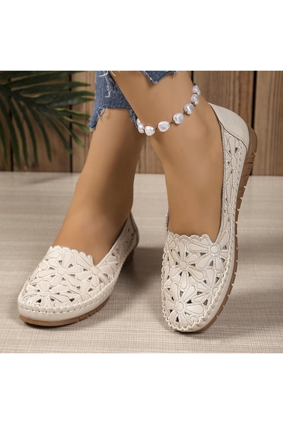 Women's Breathable Loafers, Floral Perforated Faux Leather Flats with Non Slip Sole, Lightweight Casual Slip On Shoes, Versatile Spring Summer Office Footwear Gift