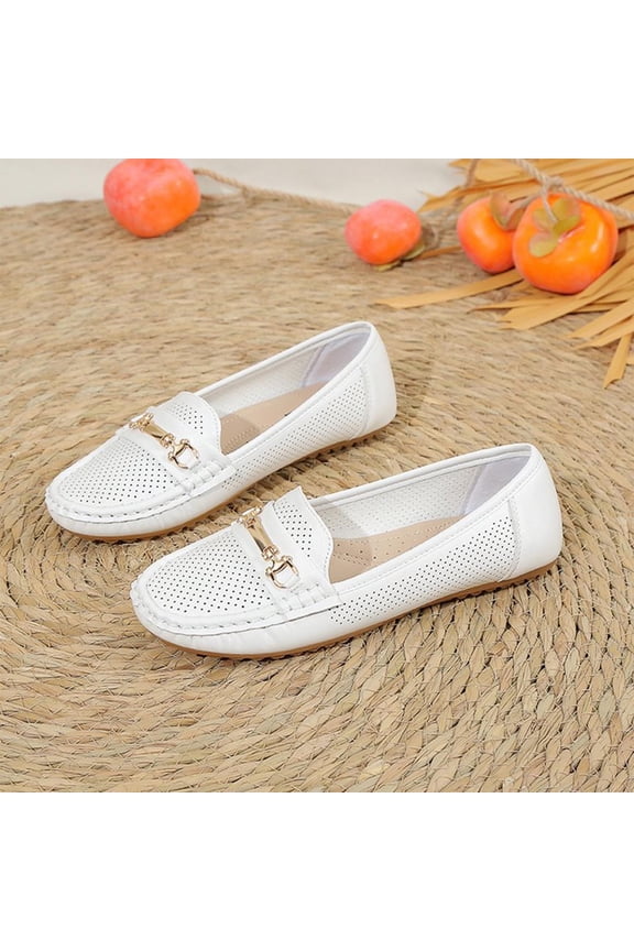 Women's Breathable Perforated Loafers with Metallic Hardware Accent, Round Toe Slip-On Moccasin Flats with Cushioned Foam Insole, Non-Slip Textured Outsole Comfortable Shoes Gift