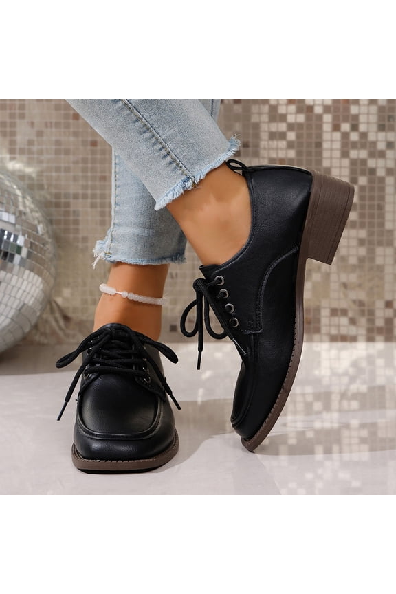 Women's British Style Leather Loafers, Fashion Lace-Up Low Top Shoes with Mid Heel, Comfortable Casual & Dressy Oxfords for Women Gift