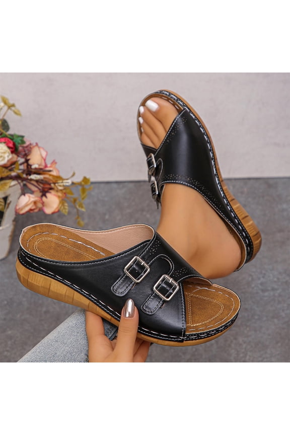 Women's Buckle Wedge Sandals, Faux Leather Open Toe Slides with Chunky Platform, Thick Sole Beach Slippers with Contoured Footbed, Versatile Design for Spring Summer Daily Gift