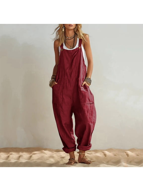 Women's Casual Linen Rompers, Sleeveless Solid Jumpsuit with Relaxed Fit, Lightweight Summer Overall for Spring, Cute Wide Leg Pants for Vacation Outings Gift