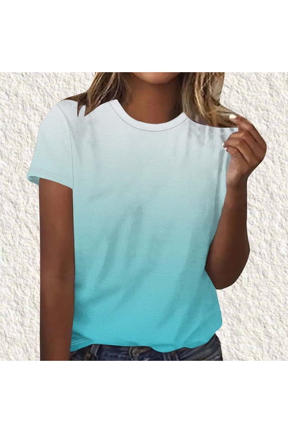 Women's Casual Ombre Tees, Short Sleeve Round Neck Blouses with Relaxed Fit, Lightweight Summer Tops for Spring, Cute Flowy Shirts for Vacation Outings Gift