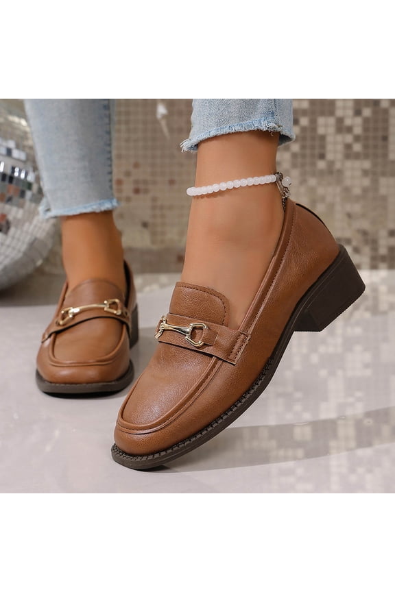 Women's Chunky Heel Loafers with Metal Buckle, Thick Sole Platform Slip On Shoes with Faux Leather Upper, Comfortable Low Block Heel Flats for Daily Walking and Casual Wear Gift