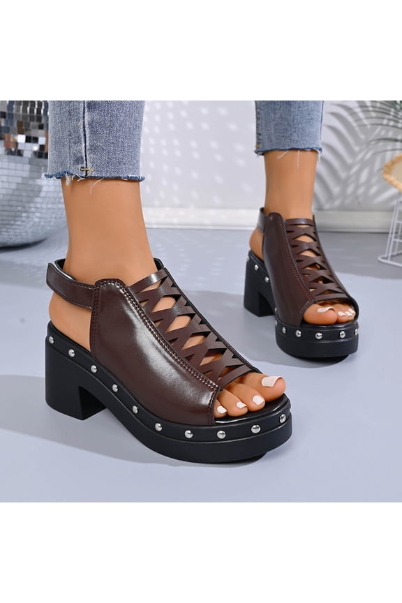 Women's Chunky Heel Sandals, Crisscross Openwork Strap Peep Toe Shoes, Rivet Embellished Platform High Heels, Versatile Summer Edgy Casual Footwear Gift