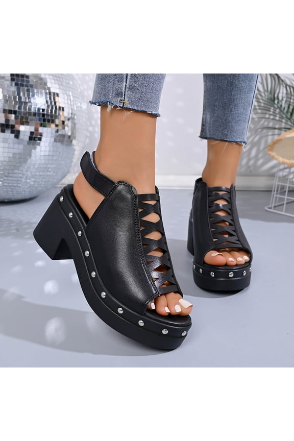 Women's Chunky Heel Sandals, Crisscross Openwork Strap Peep Toe Shoes, Rivet Embellished Platform High Heels, Versatile Summer Edgy Casual Footwear Gift