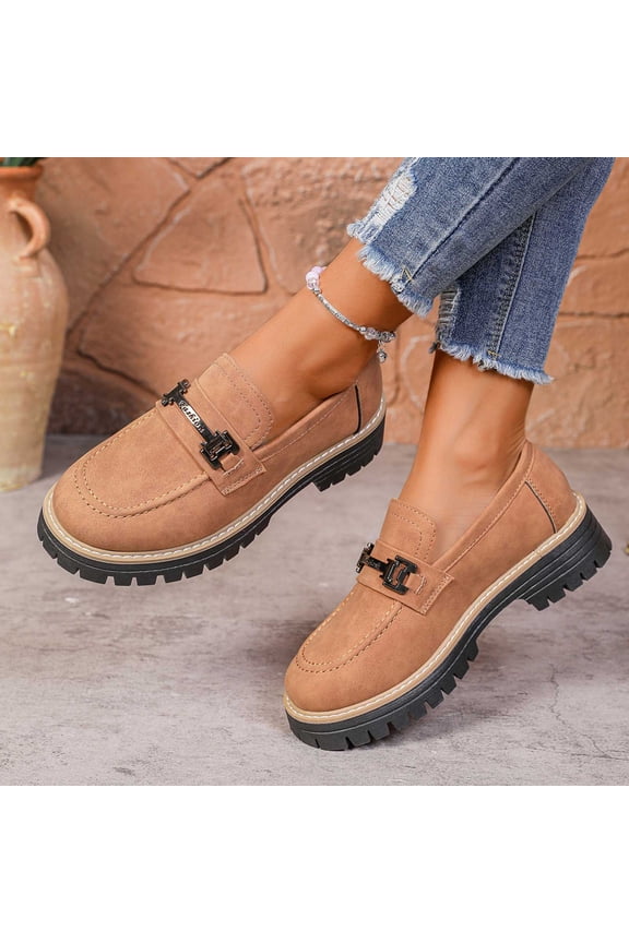 Women's Chunky Loafers, Leather Slip-On Dress Shoes with Metal Chain, Comfortable Business Casual Shoes for Office Work & Dressy Occasions Gift