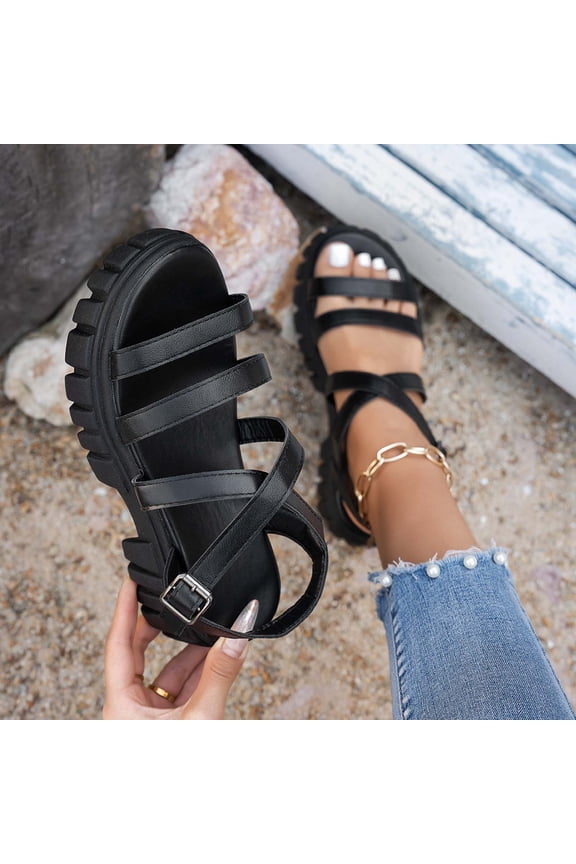 Women's Chunky Platform Sandals, Round Toe Open Toe Slides with Thick Sole and Buckle Ankle Strap, Faux Leather Multi Strap Beach Shoes, Versatile Summer Casual Footwear Gift