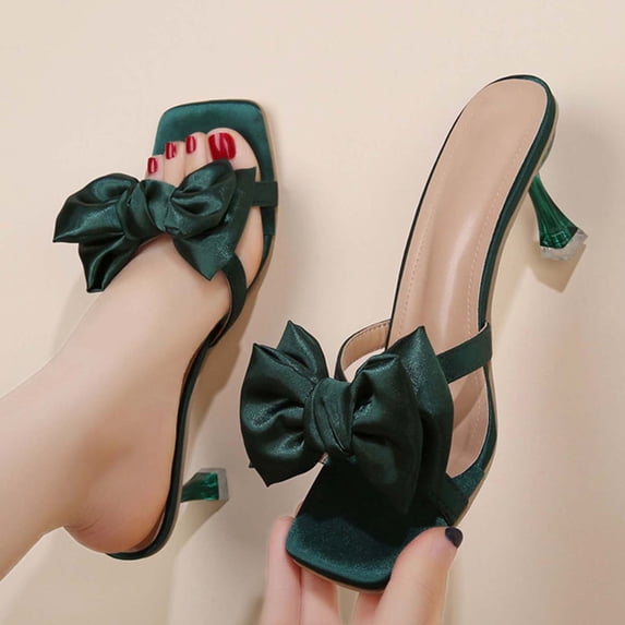 Xucatan Women's Clear Heel Mule Sandals, Satin Bow Embellished Open Toe Slippers with Acrylic Chunky Heel, Square Toe Dressy Summer Shoes, Versatile Design for Party Wedding Gift