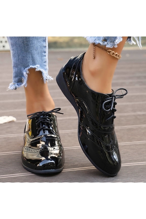 Women's Color Block Lace up Oxford Shoes with Patent Leather, Brogue Detail Lightweight Platform Sneakers, Comfortable Height Enhancing Casual Shoes for Spring Summer Walking Gift
