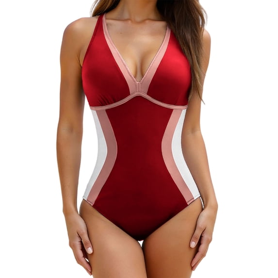Xucatan Women's Color Block One Piece Swimsuit with Tummy Control and Crisscross Back Straps, Figure Flattering Shapewear Bathing Suit with Removable Cups for Beach Pool Vacation Gift