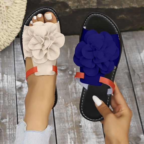 Xucatan Women's Color Block Sandals, Layered Fabric Flower Flat Slides, Two Tone Wrap Strap Summer Slippers, Versatile Beach Casual Footwear Gift