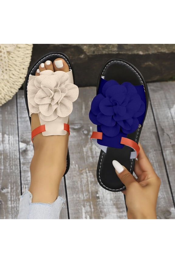 Women's Color Block Sandals, Layered Fabric Flower Flat Slides, Two Tone Wrap Strap Summer Slippers, Versatile Beach Casual Footwear Gift