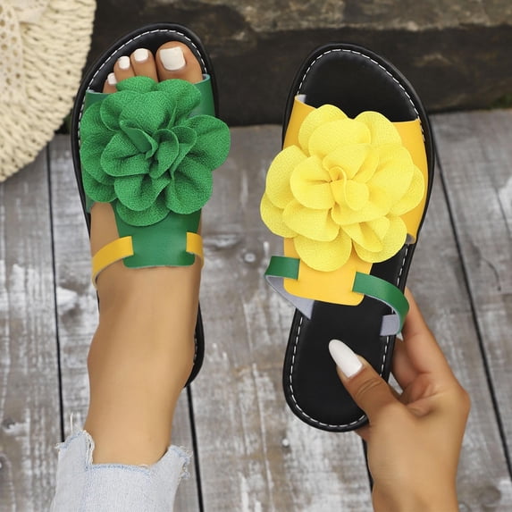 Xucatan Women's Color Block Sandals, Layered Fabric Flower Flat Slides, Two Tone Wrap Strap Summer Slippers, Versatile Beach Casual Footwear Gift