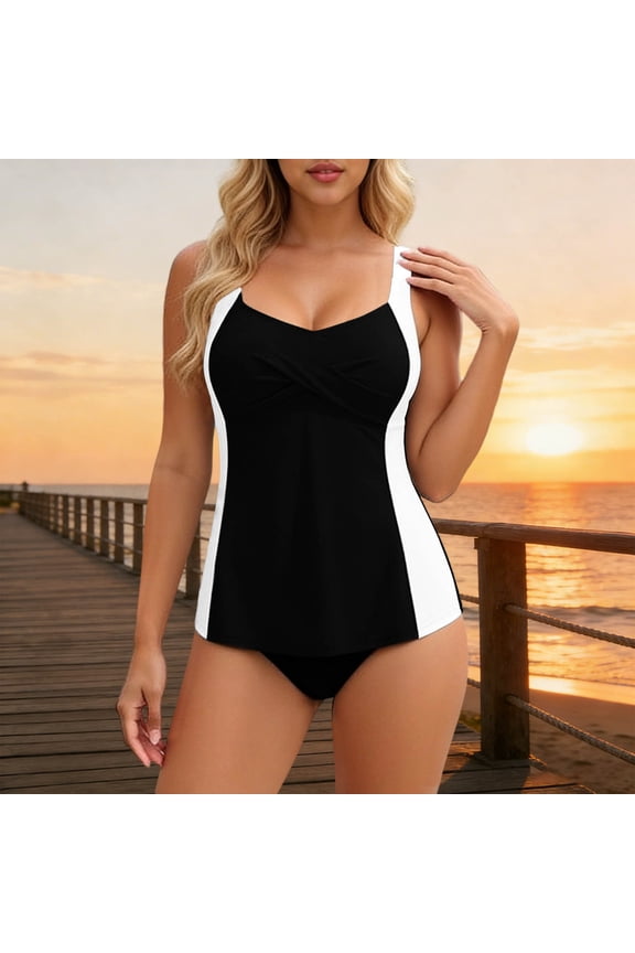 Women's Color Block Off Shoulder Tankini Swimsuits Two Piece with Removable Pads Push Up Tops, High Waisted Bottoms Tummy Control Swimwear Modest Bathing Suits Summer Beach Vacation Gift