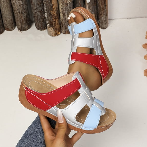 Xucatan Women's Color Block Slide Sandals, Contrast Stitching Thick Sole Platform Wedges with Hollow Out Detail, Chunky Beach Shoes for Summer, Versatile Casual Footwear for Outdoor Daily Gift