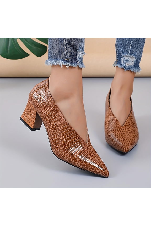 Women's Croc Embossed Pointed Toe Pumps with Ankle Strap, Vintage Low Heel Dress Shoes with Shallow Mouth, Comfortable Slip On Heels for Daily Walking and Formal Wear Gift