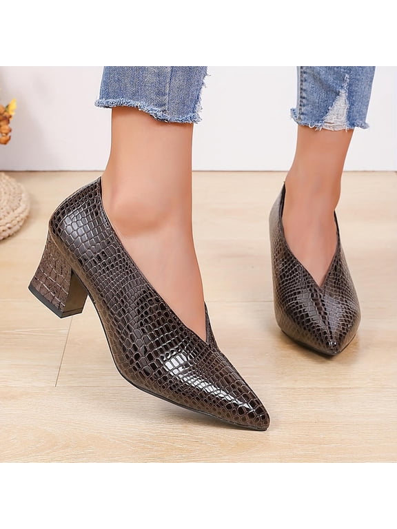 Women's Croc Embossed Pointed Toe Pumps with Ankle Strap, Vintage Low Heel Dress Shoes with Shallow Mouth, Comfortable Slip On Heels for Daily Walking and Formal Wear Gift
