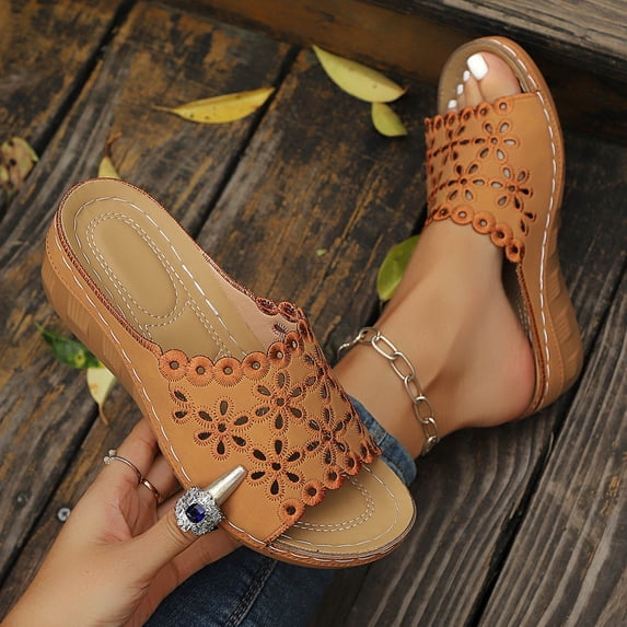 Xucatan Women's Crochet Wedge Sandals, Peep Toe Floral Embroidered Cutout Slides, Open Toe Boho Beach Slippers, Versatile Summer Casual Footwear Gift