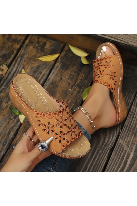 Women's Crochet Wedge Sandals, Peep Toe Floral Embroidered Cutout Slides, Open Toe Boho Beach Slippers, Versatile Summer Casual Footwear Gift