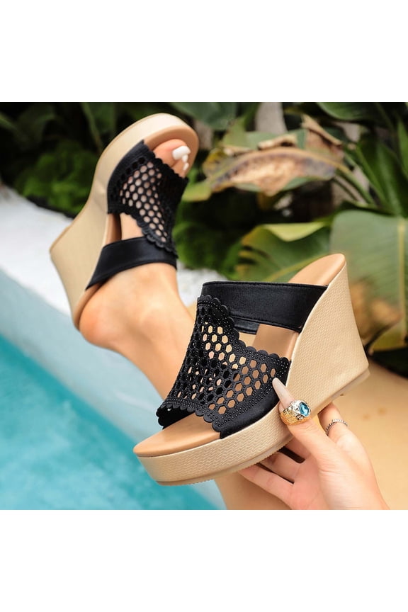 Women's Crochet Wedge Slide Sandals, Round Toe Open Toe Platform Slippers with Padded Footbed, Boho Knit Upper Chunky Heel Casual Summer Shoes, Versatile Solid Color Gift