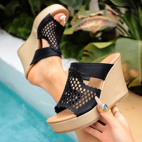 Xucatan Women's Crochet Wedge Slide Sandals, Round Toe Open Toe Platform Slippers with Padded Footbed, Boho Knit Upper Chunky Heel Casual Summer Shoes, Versatile Solid Color Gift