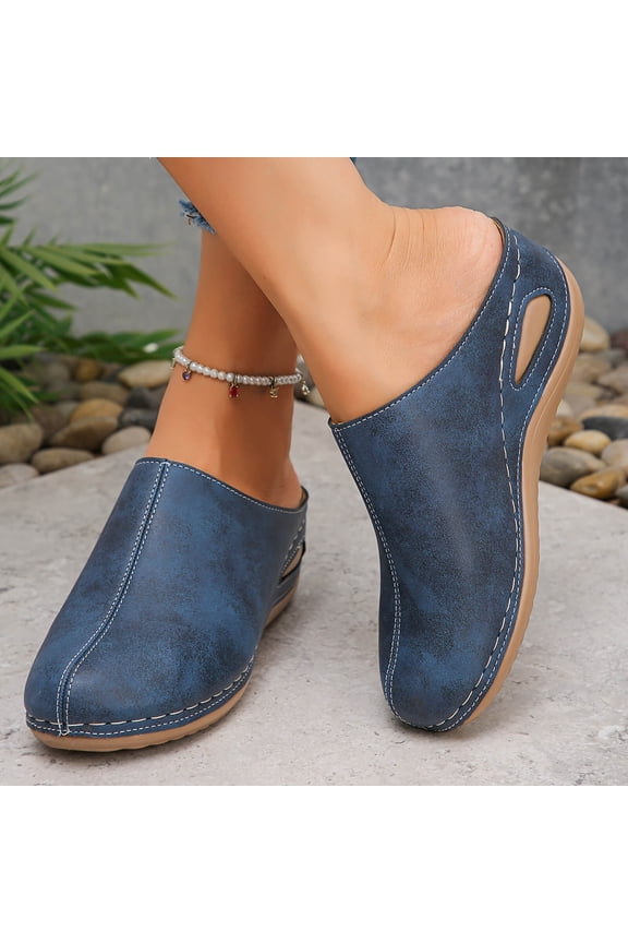 Women's Distressed Faux Leather Clogs, Closed Toe Mule Slides with Side Cutouts, Chunky Wedge Heel Slippers, Versatile Fall Winter Casual Footwear Gift