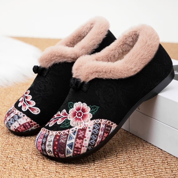 Xucatan Women's Ethnic-Style Thick Cotton Lined Snow Boots - Large Size, Warm & Comfortable Short Design for Snowy Ground Non-slip Memory Foam Winter House Shoes Indoor Gift