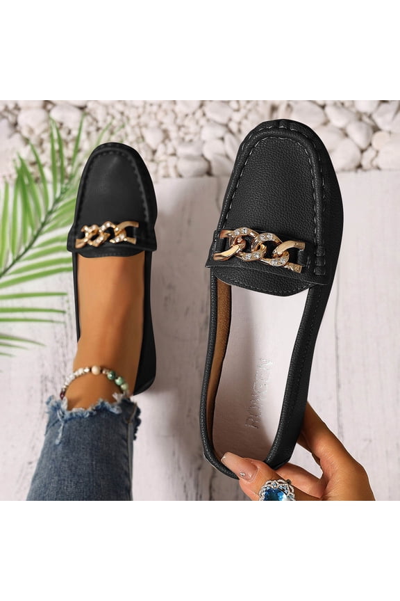 Women's Fashion Loafers with Chain, Round Toe Slip On Comfortable Flats, Versatile Low Heel Moccasins for Fall Winter Daily Wear Gift