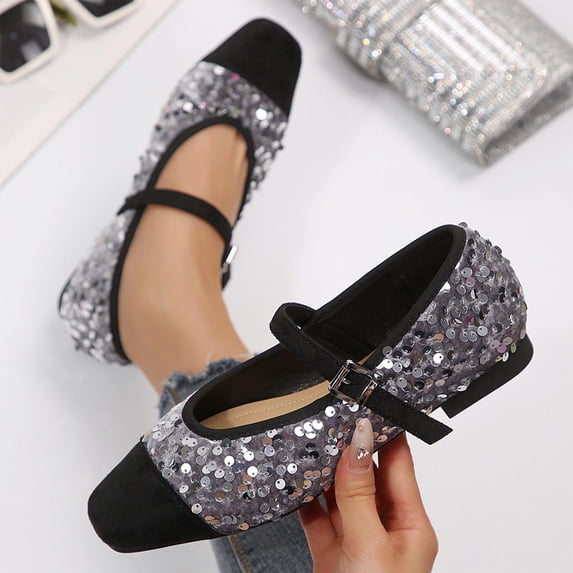 Xucatan Women's Fashionable Glitter Mary Jane Flats with Contrast Toe Cap, Adjustable Buckle Strap Slip-On Shoes with Cushioned Insole, Flexible Flat Sole Comfortable Loafers Gift