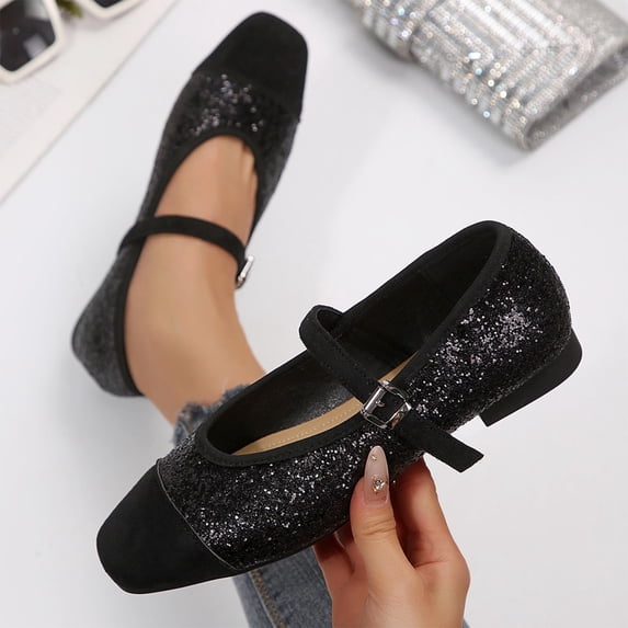 Xucatan Women's Fashionable Glitter Mary Jane Flats with Contrast Toe Cap, Adjustable Buckle Strap Slip-On Shoes with Cushioned Insole, Flexible Flat Sole Comfortable Loafers Gift