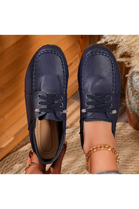 Women's Fashionable Mom Shoes with Pebbled Faux Leather Upper, Round Toe Lace-Up Flat Shoes with Cushioned Orthopedic Footbed, Breathable Soft Sole Comfortable Walking Shoes Gift