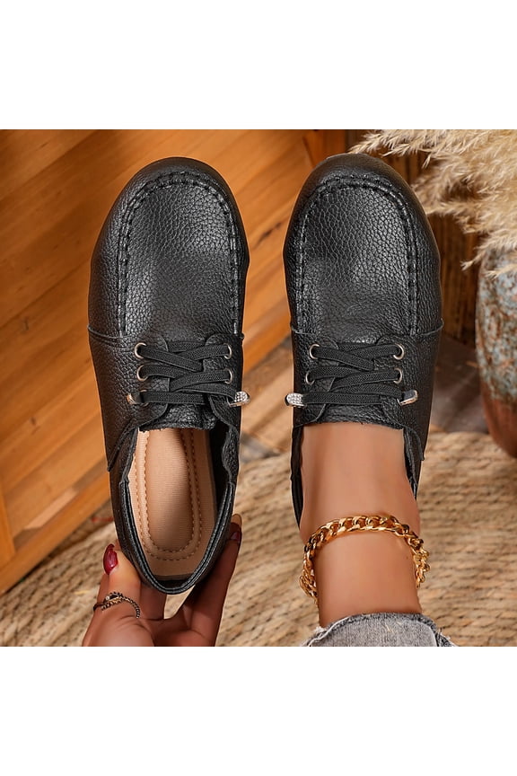 Women's Fashionable Mom Shoes with Pebbled Faux Leather Upper, Round Toe Lace-Up Flat Shoes with Cushioned Orthopedic Footbed, Breathable Soft Sole Comfortable Walking Shoes Gift