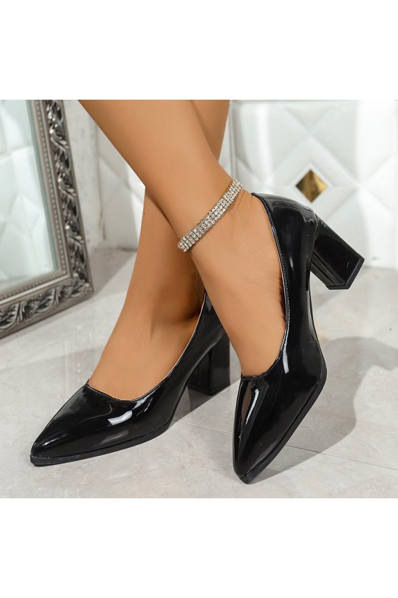 Women's Fashionable Pointed Toe Block Heel Pumps with Glossy Patent Leather Upper, Chunky Heel for Stable Comfortable Walk, Cushioned Insole All Day Support Gift