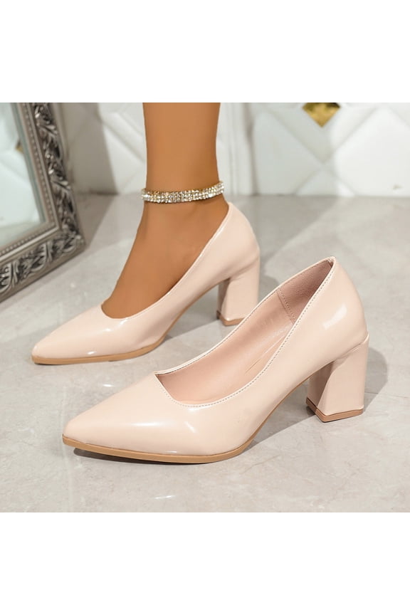 Women's Fashionable Pointed Toe Block Heel Pumps with Glossy Patent Leather Upper, Chunky Heel for Stable Comfortable Walk, Cushioned Insole All Day Support Gift
