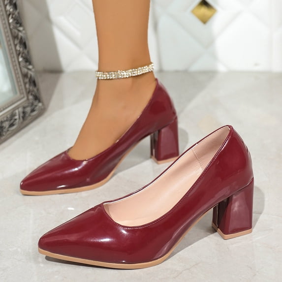 Xucatan Women's Fashionable Pointed Toe Block Heel Pumps with Glossy Patent Leather Upper, Chunky Heel for Stable Comfortable Walk, Cushioned Insole All Day Support Gift