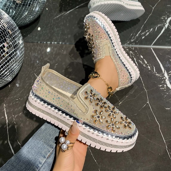 Xucatan Women's Fashionable Rhinestone Embellished Mesh Flats with Floral Appliqués, Breathable Slip-On Loafers with Cushioned Padded Insole, Sparkly Round Toe Comfortable Shoes Gift